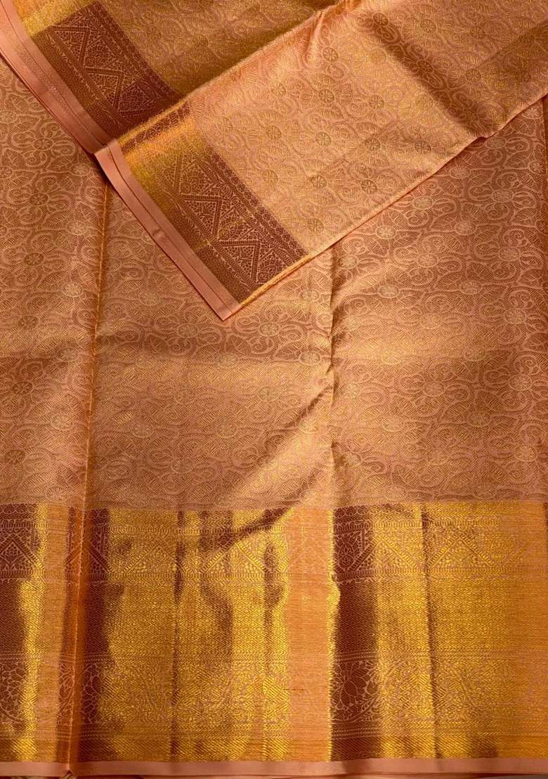 Nude Pink Kanchipuram Silk Saree With Traditional Woven Design For Women - Indya