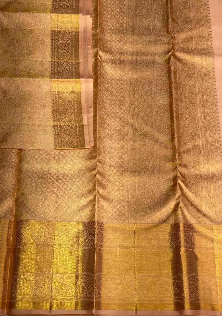 Nude Pink Kanchipuram Silk Saree With Traditional Woven Design For Women - Indya