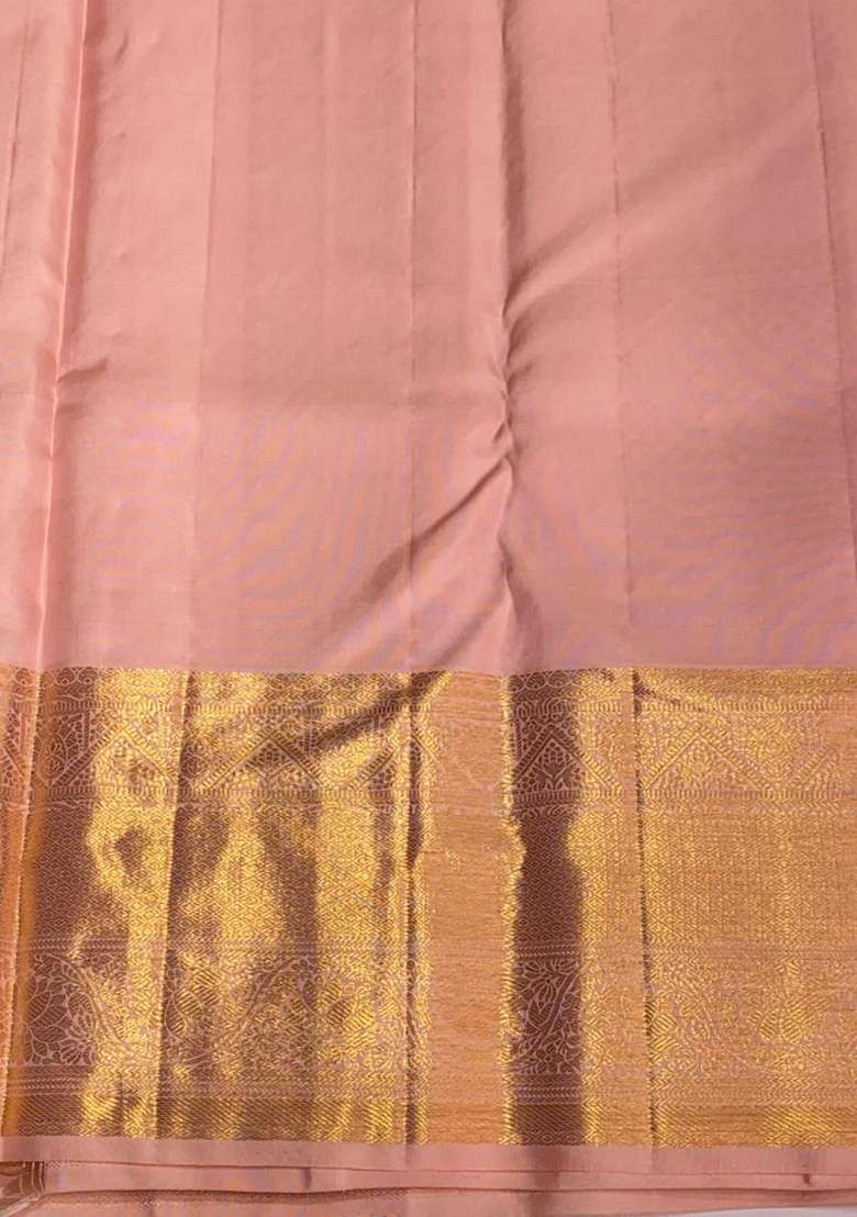 Nude Pink Kanchipuram Silk Saree With Traditional Woven Design For Women - Indya