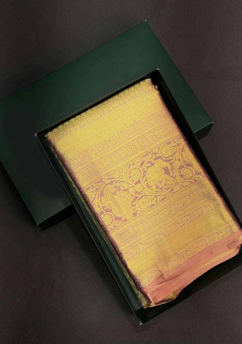 Gold Pure Tissue Kanchipuram Silk Saree With Traditional Woven Design For Women - Indya