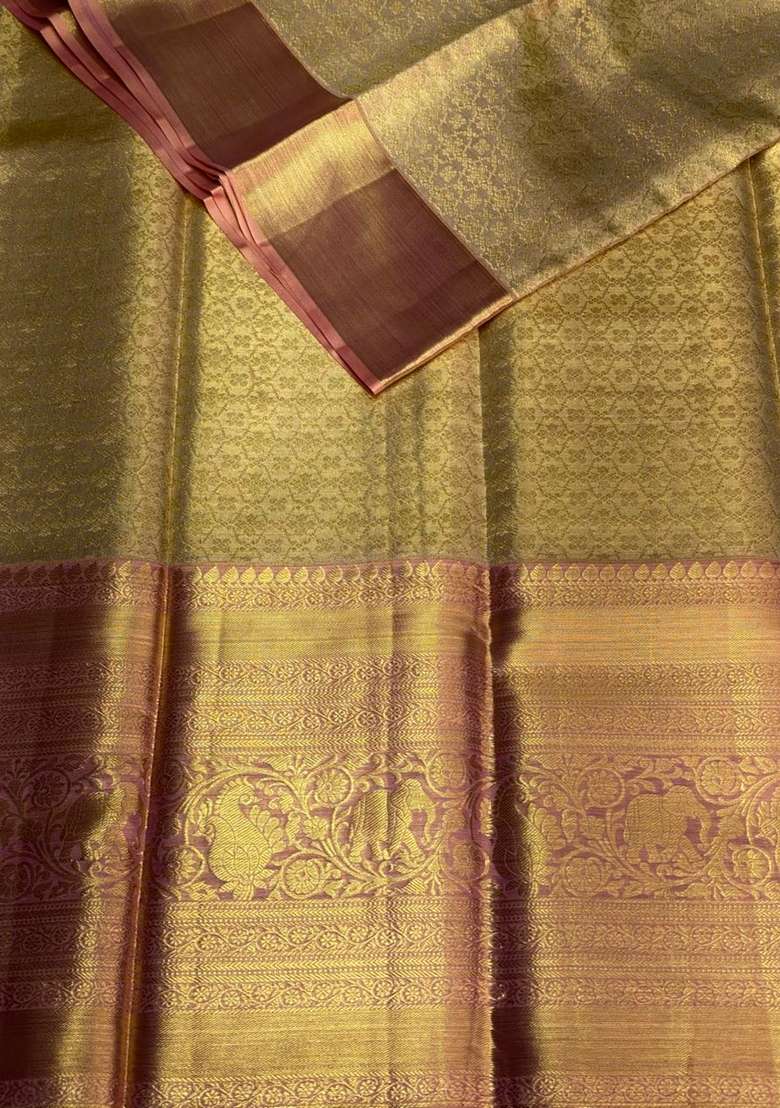 Gold Pure Tissue Kanchipuram Silk Saree With Traditional Woven Design For Women - Indya