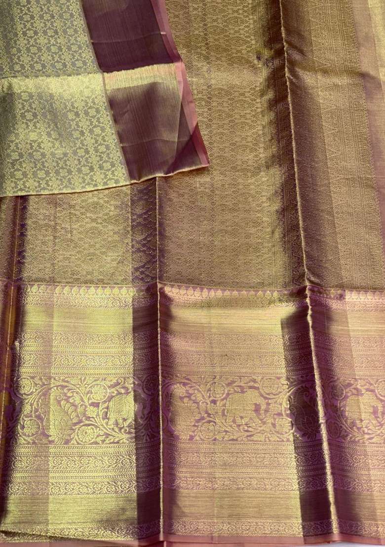 Gold Pure Tissue Kanchipuram Silk Saree With Traditional Woven Design For Women - Indya