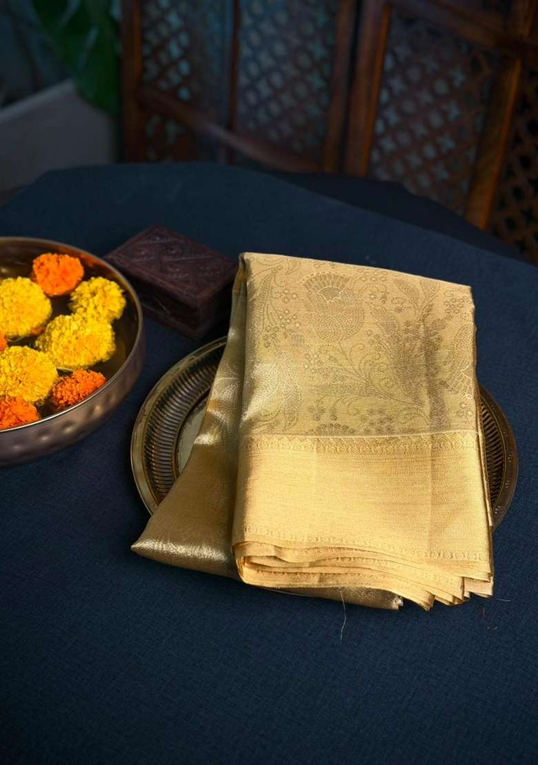 Gold Pure Tissue Kanchipuram Silk Saree With Traditional Woven Design For Women - Indya