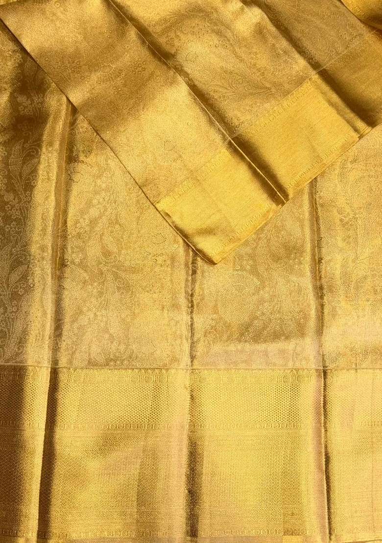 Gold Pure Tissue Kanchipuram Silk Saree With Traditional Woven Design For Women - Indya