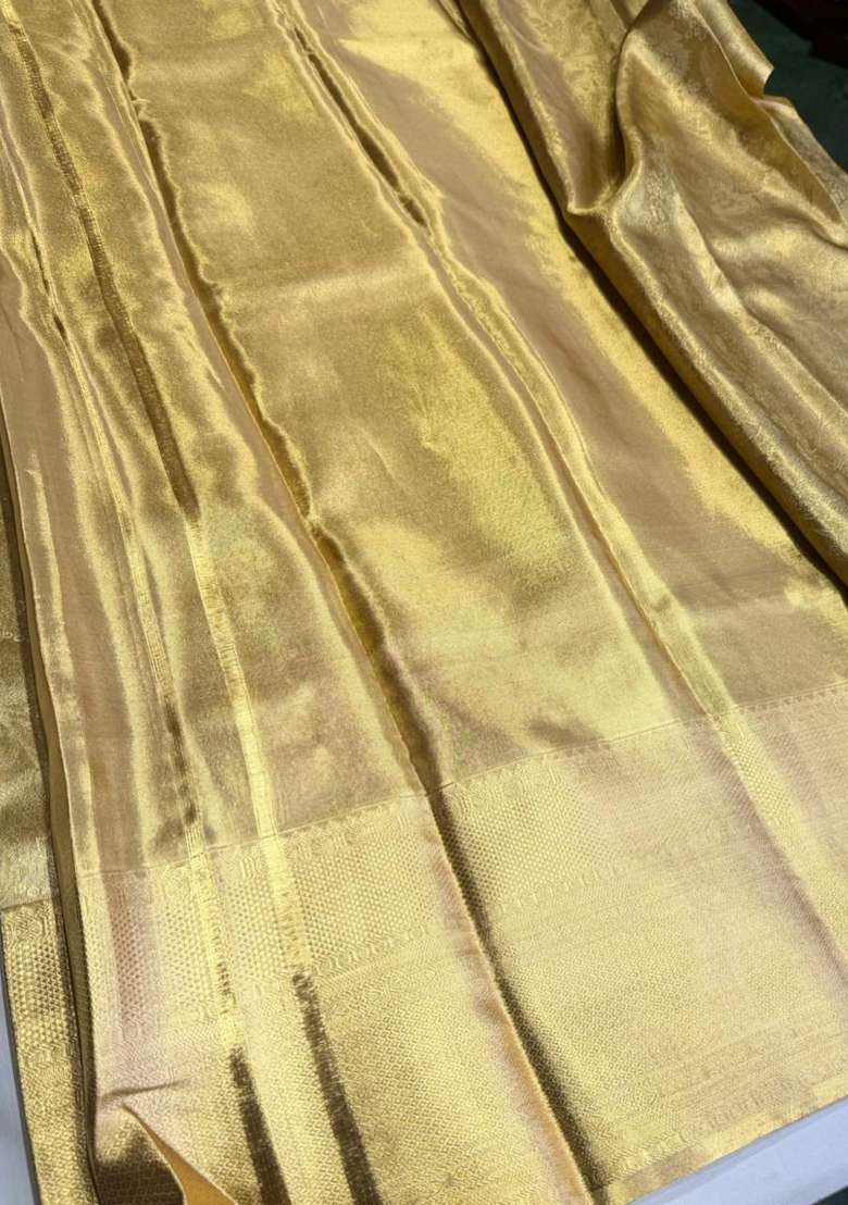 Gold Pure Tissue Kanchipuram Silk Saree With Traditional Woven Design For Women - Indya