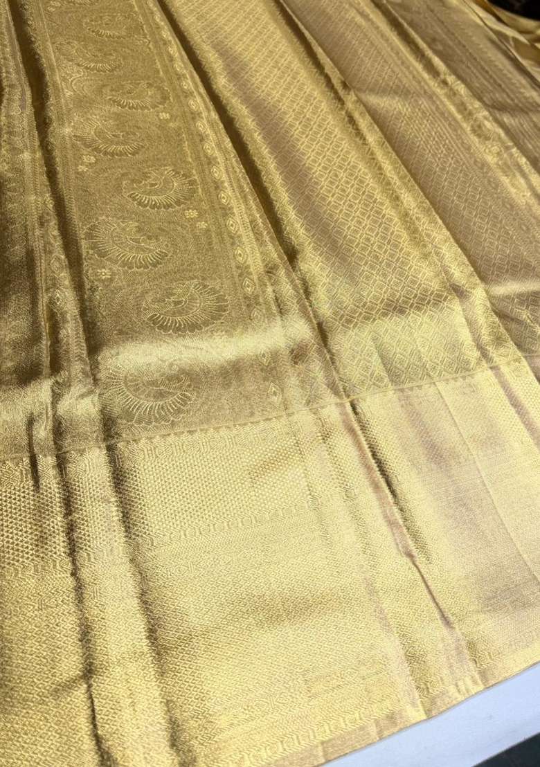 Gold Pure Tissue Kanchipuram Silk Saree With Traditional Woven Design For Women - Indya
