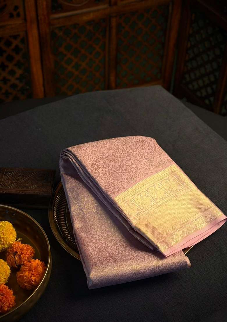 Gold Pure Tissue Kanchipuram Silk Saree With Traditional Woven Design For Women - Indya