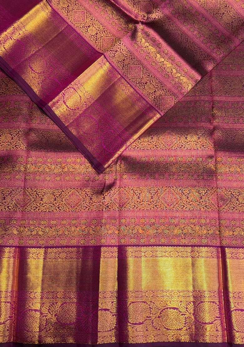 Gold Puple Pure 2G Zari Kanchipuram Silk Saree With Traditional Woven Design For Women - Indya