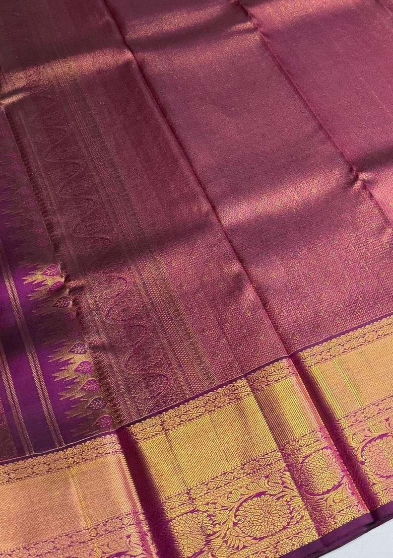 Gold Puple Pure 2G Zari Kanchipuram Silk Saree With Traditional Woven Design For Women - Indya