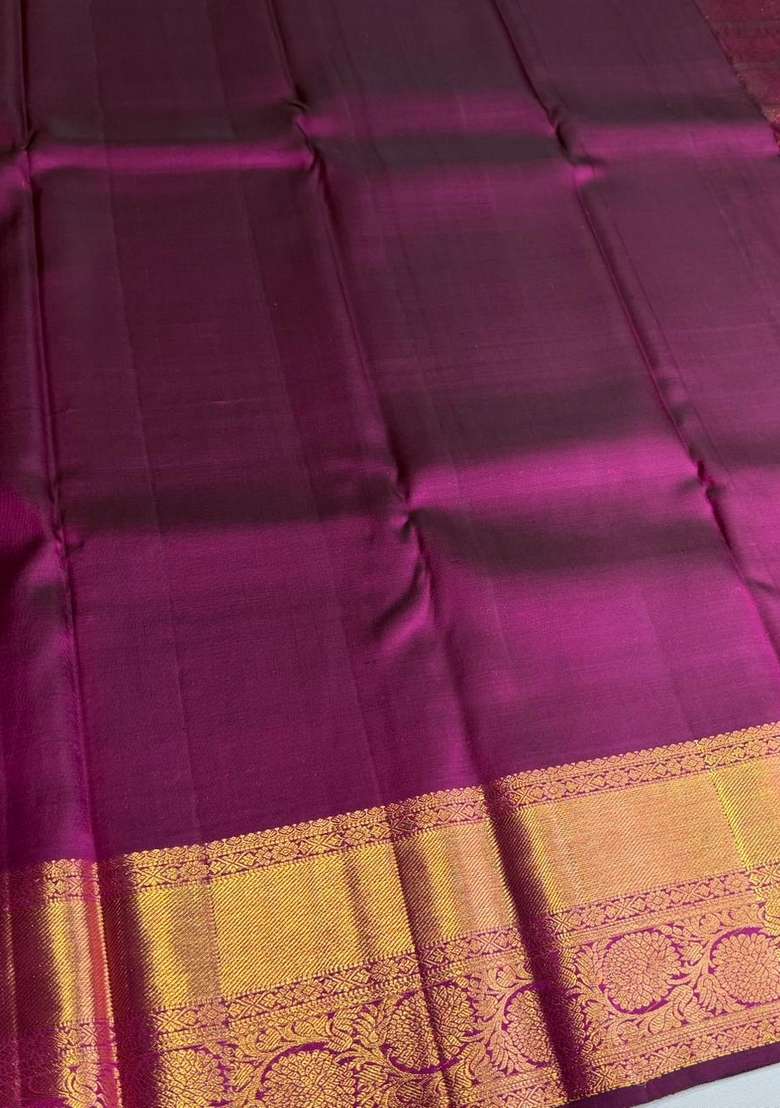 Gold Puple Pure 2G Zari Kanchipuram Silk Saree With Traditional Woven Design For Women - Indya