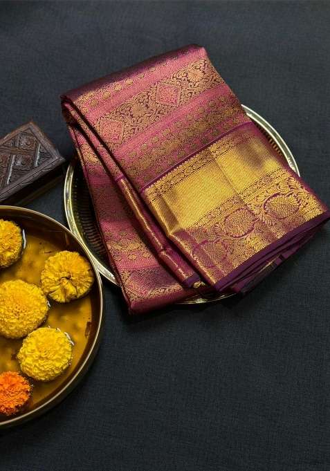 Gold Puple Pure 2G Zari Kanchipuram Silk Saree With Traditional Woven Design For Women