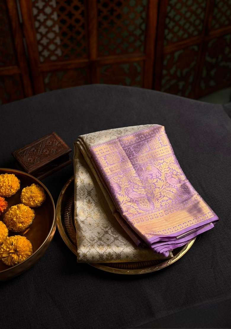 Silver Gold And Lavender Pure Tissue Kanchipuram Silk Saree With Traditional Woven Design For Women - Indya