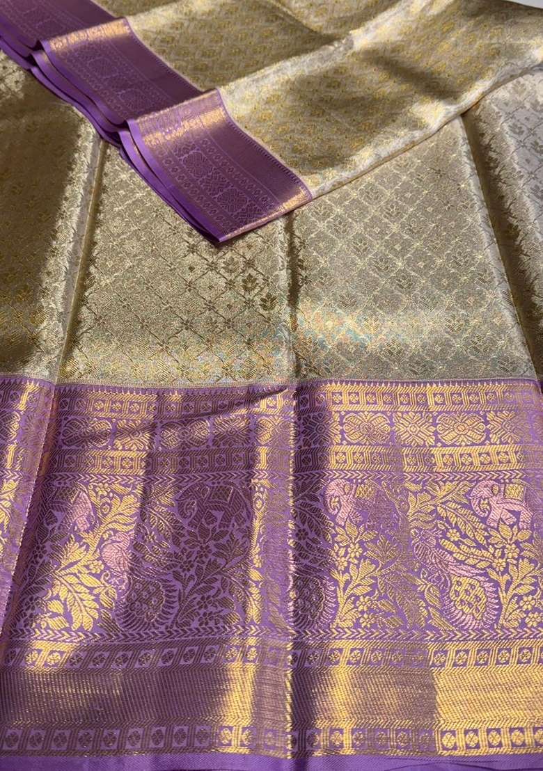 Silver Gold And Lavender Pure Tissue Kanchipuram Silk Saree With Traditional Woven Design For Women - Indya