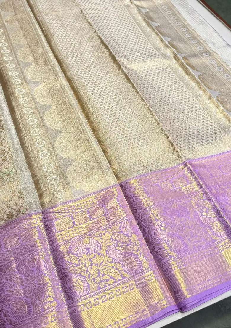 Silver Gold And Lavender Pure Tissue Kanchipuram Silk Saree With Traditional Woven Design For Women - Indya