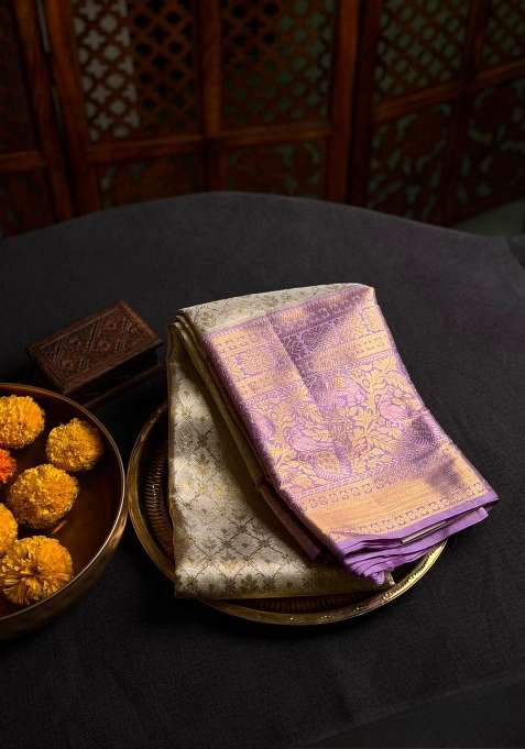 Silver Gold And Lavender Pure Tissue Kanchipuram Silk Saree With Traditional Woven Design For Women