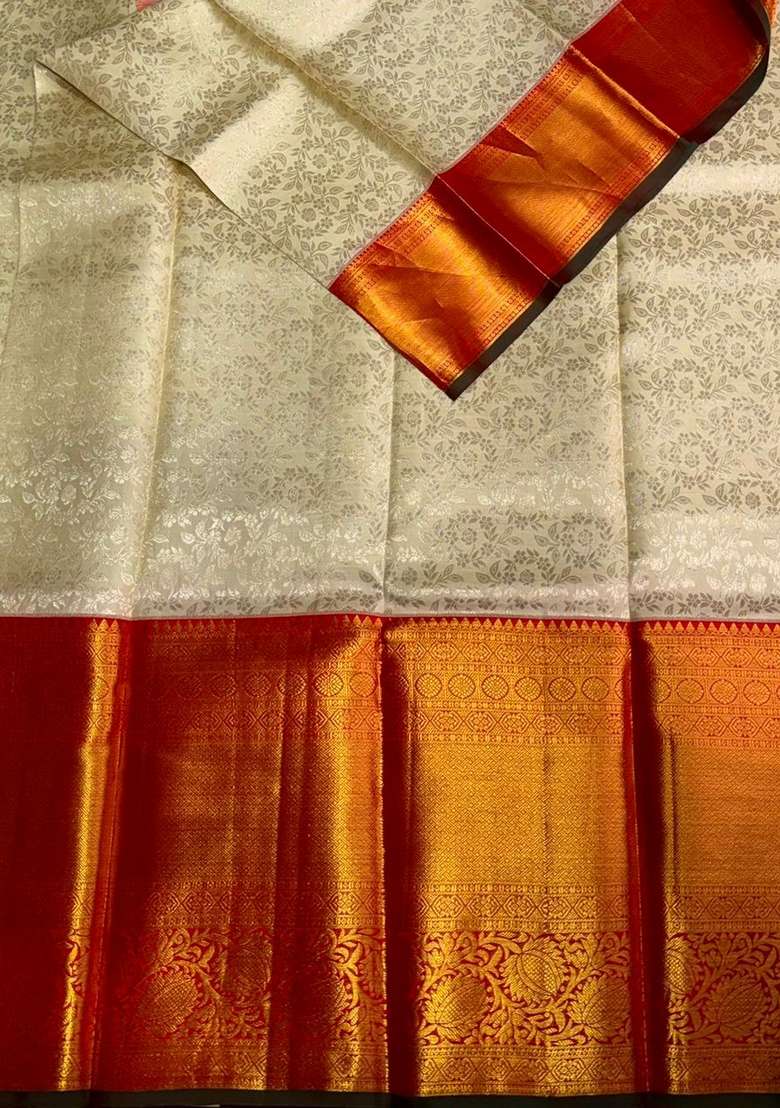 Sandal And Red Pure Zari Kanchipuram Silk Saree With Traditional Woven Design For Women - Indya