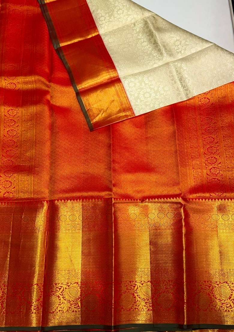 Sandal And Red Pure Zari Kanchipuram Silk Saree With Traditional Woven Design For Women - Indya