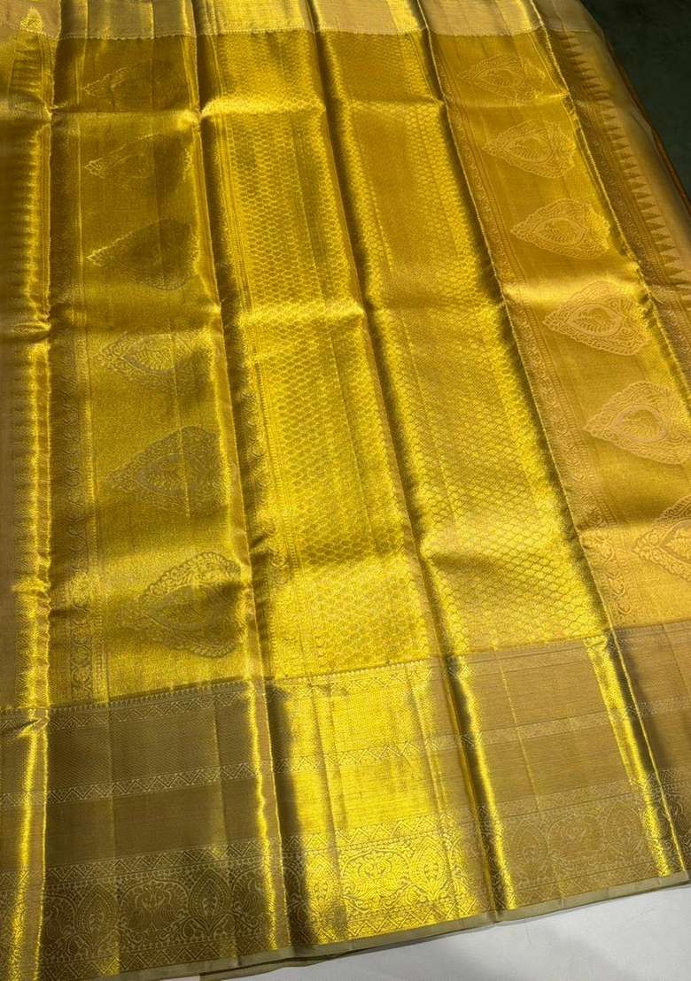Gold Tissue Pure Kanchipuram Silk Saree With Traditional Woven Design For Women - Indya