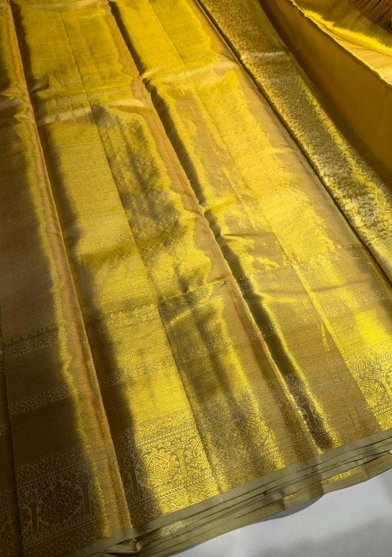 Gold Pure Tissue Kanchipuram Silk Saree With Traditional Woven Design For Women - Indya