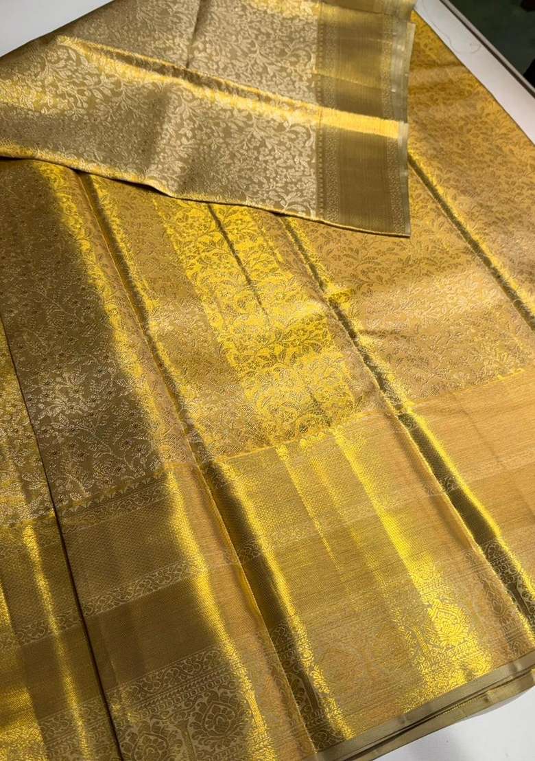 Gold Pure Tissue Kanchipuram Silk Saree With Traditional Woven Design For Women - Indya