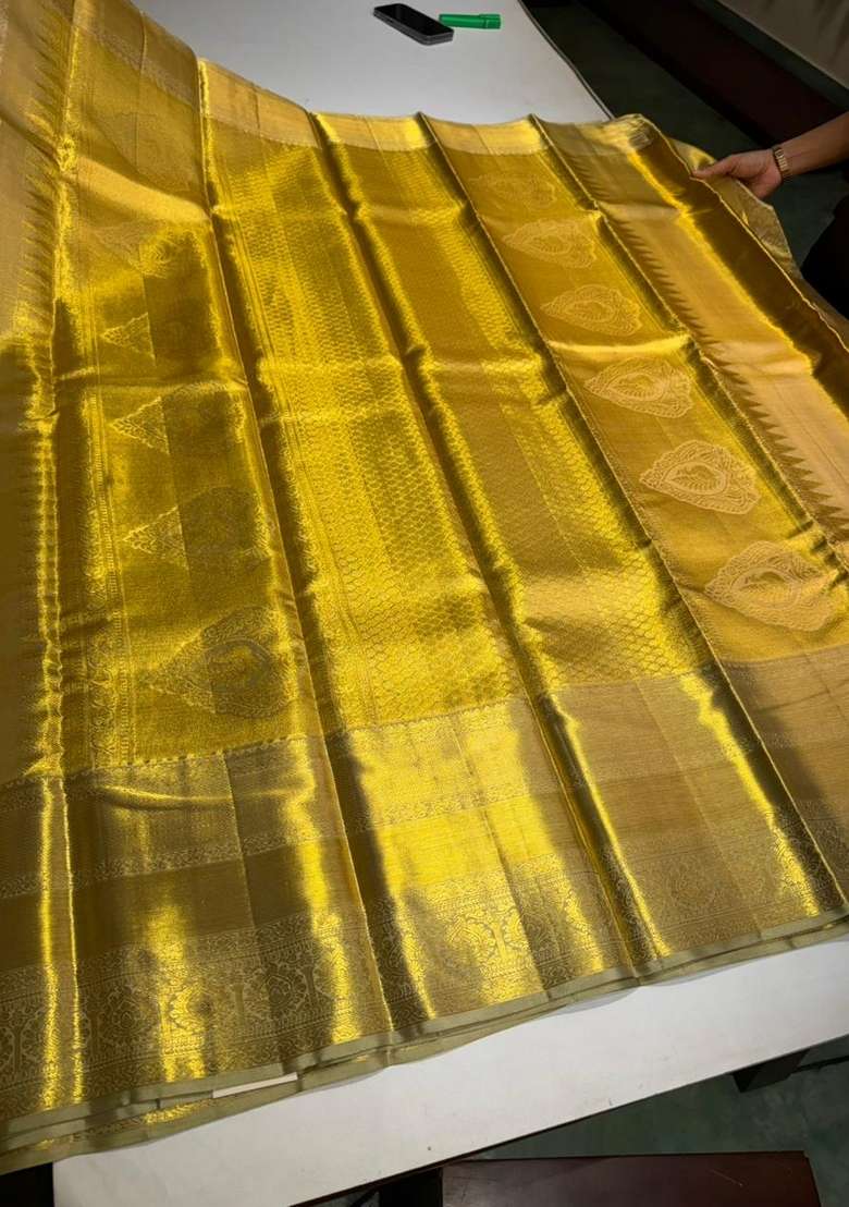 Gold Pure Tissue Kanchipuram Silk Saree With Traditional Woven Design For Women - Indya