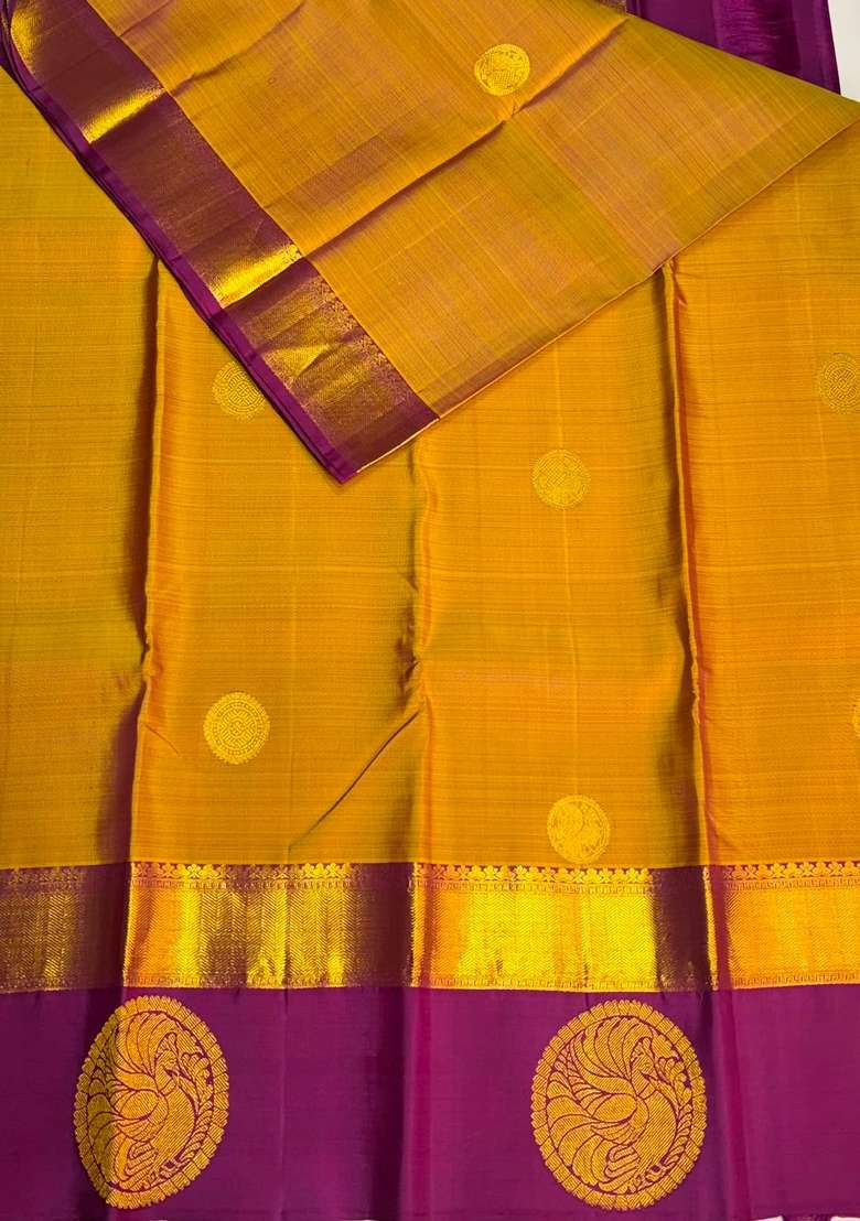 Olive Green And Purple Pure Vintage Kanchipuram Silk Saree With Traditional Woven Design For Women - Indya