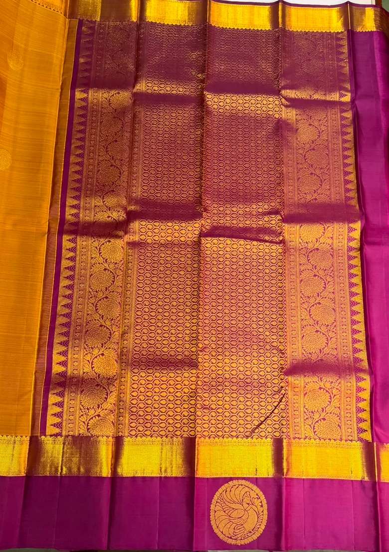 Olive Green And Purple Pure Vintage Kanchipuram Silk Saree With Traditional Woven Design For Women - Indya