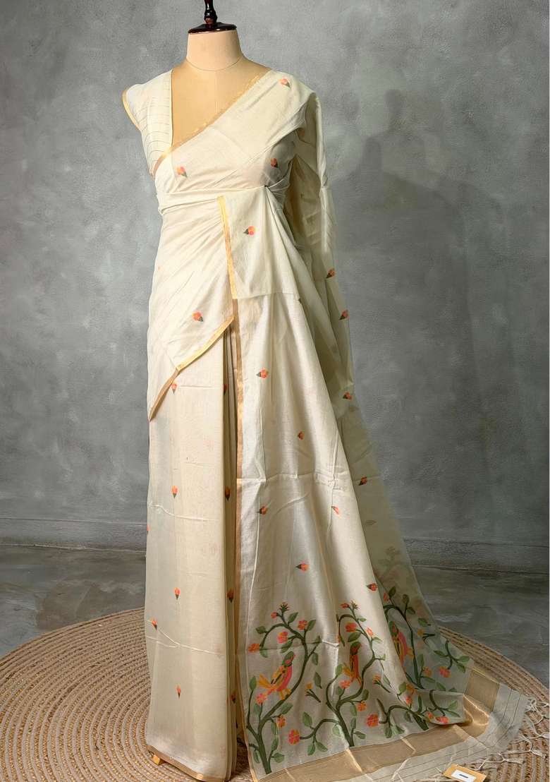 Ivory Chanderi Silk Cotton Jamdani Woven Saree With Traditional Woven Design For Women - Indya