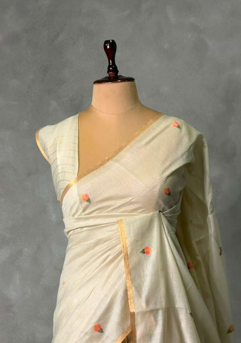 Ivory Chanderi Silk Cotton Jamdani Woven Saree With Traditional Woven Design For Women - Indya