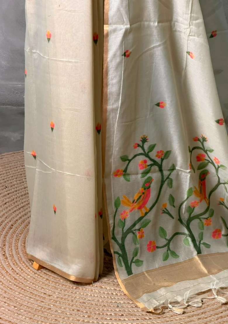 Ivory Chanderi Silk Cotton Jamdani Woven Saree With Traditional Woven Design For Women - Indya