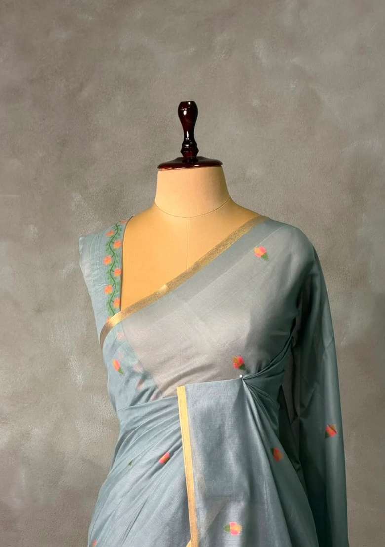 Grey Chanderi Silk Cotton Jamdani Woven Saree With Traditional Woven Design For Women - Indya