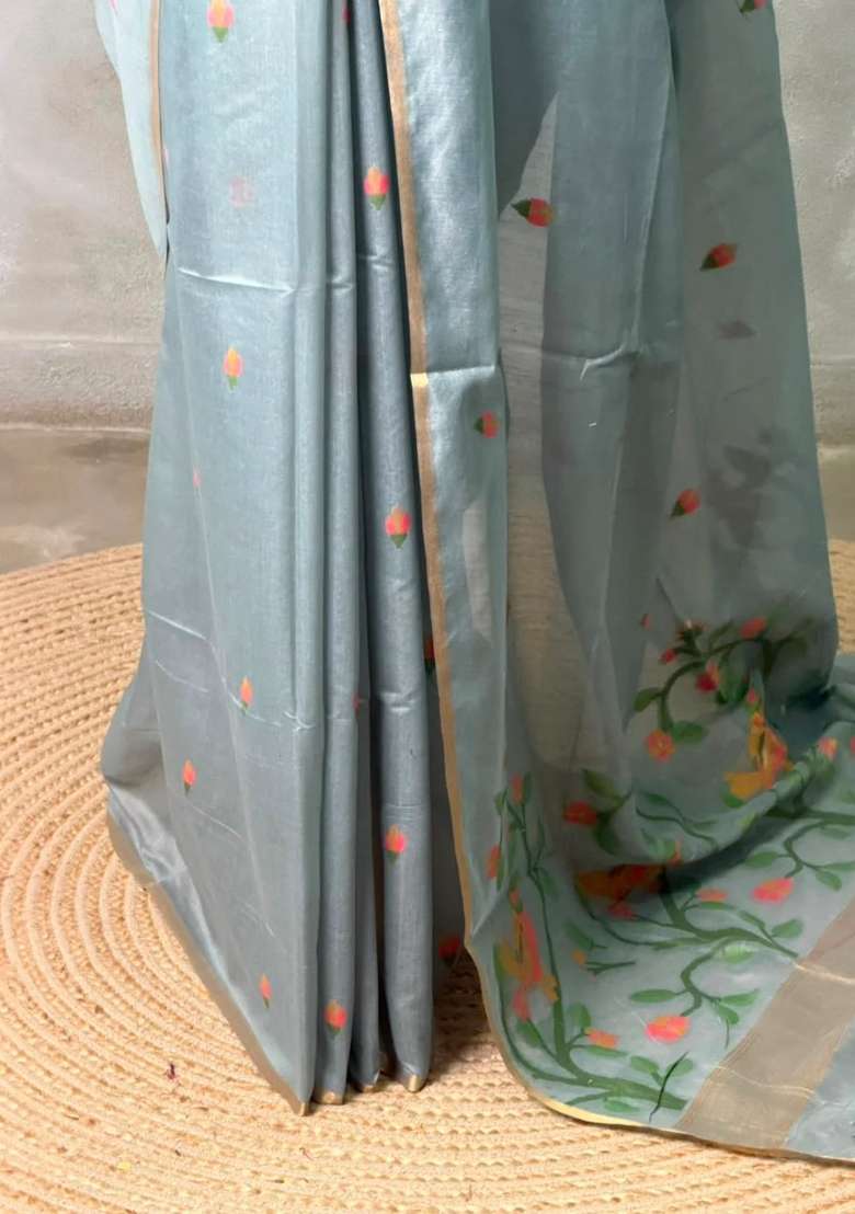 Grey Chanderi Silk Cotton Jamdani Woven Saree With Traditional Woven Design For Women - Indya