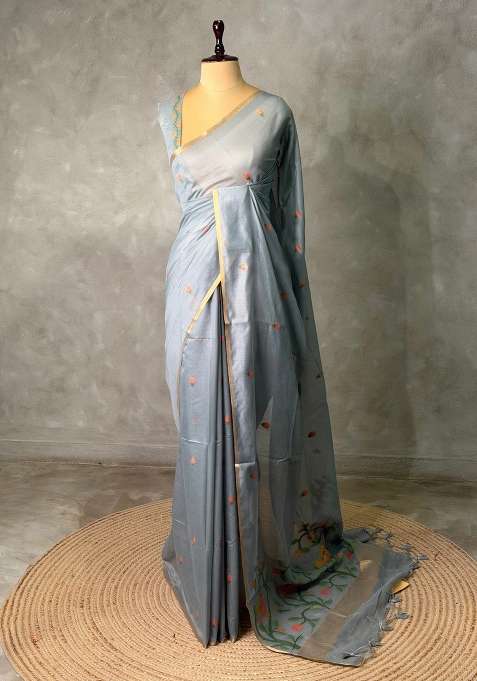Grey Chanderi Silk Cotton Jamdani Woven Saree With Traditional Woven Design For Women