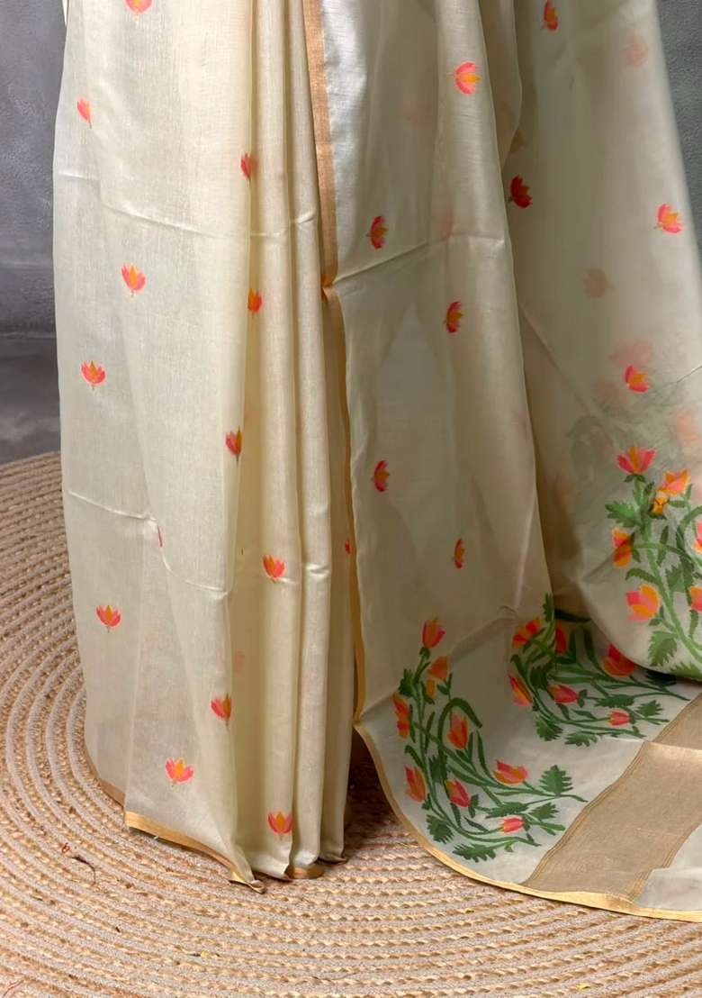 Ivory Chanderi Silk Cotton Jamdani Woven Saree With Traditional Woven Design For Women - Indya