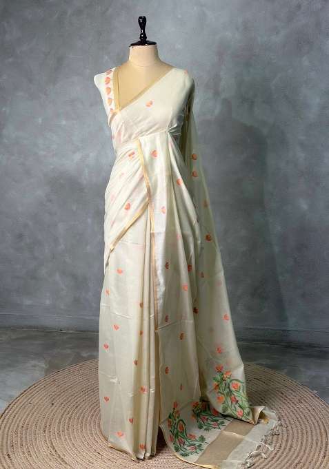 Ivory Chanderi Silk Cotton Jamdani Woven Saree With Traditional Woven Design For Women