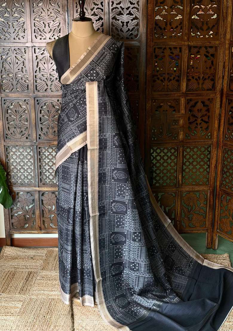 Black Tusser Silk Tussar Saree With Traditional Woven Design For Women - Indya
