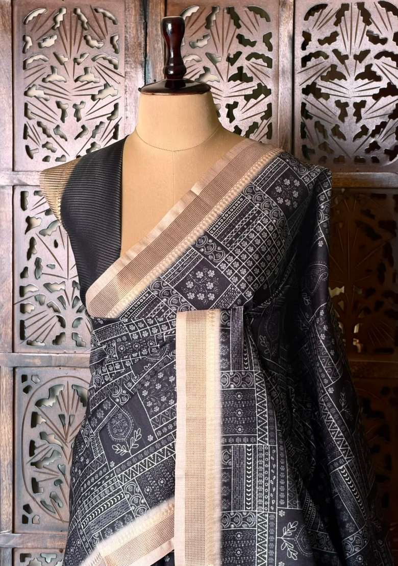Black Tusser Silk Tussar Saree With Traditional Woven Design For Women - Indya