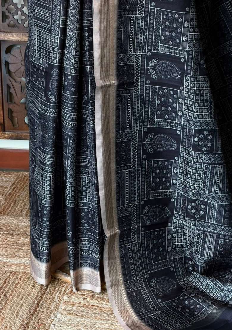 Black Tusser Silk Tussar Saree With Traditional Woven Design For Women - Indya