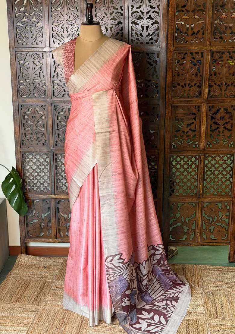 Peach Tusser Tussar Saree With Traditional Woven Design For Women - Indya