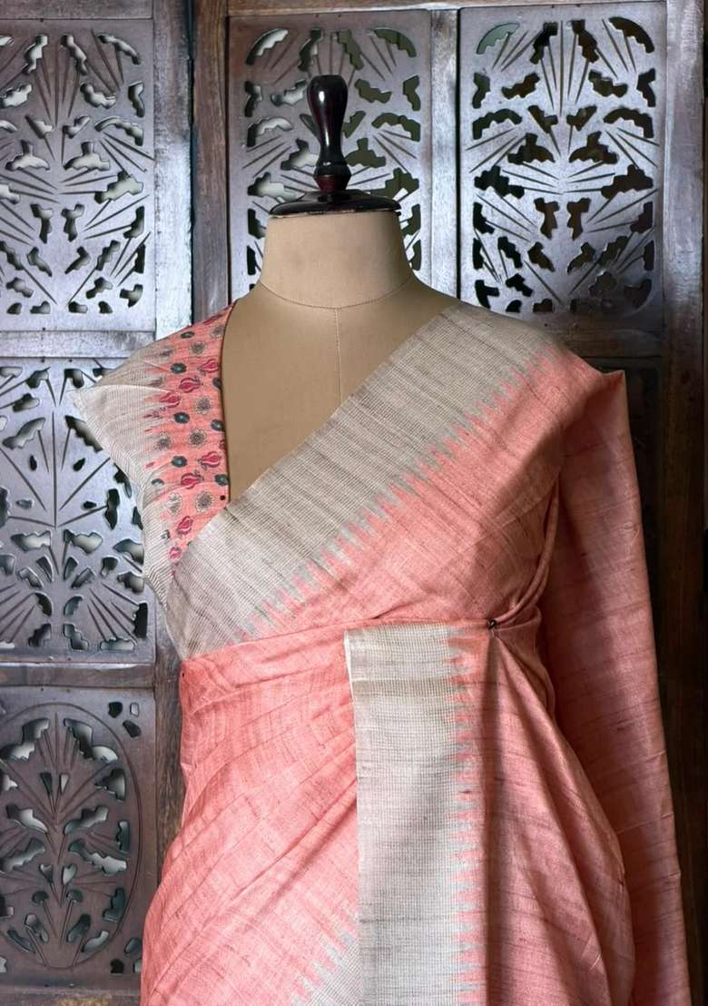 Peach Tusser Tussar Saree With Traditional Woven Design For Women - Indya
