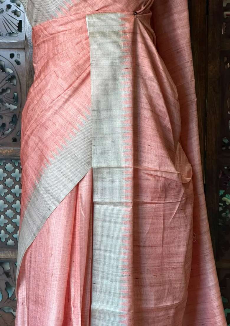 Peach Tusser Tussar Saree With Traditional Woven Design For Women - Indya