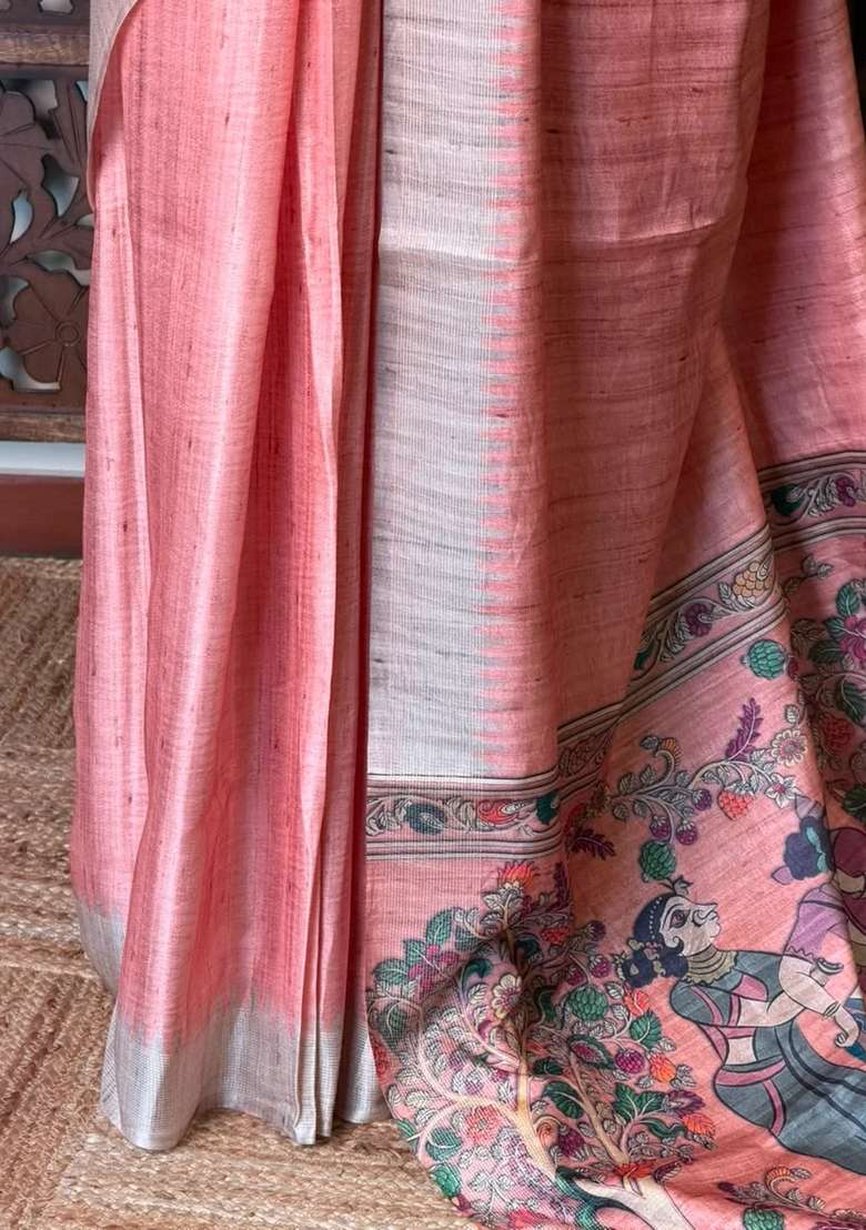 Peach Tusser Tussar Saree With Traditional Woven Design For Women - Indya