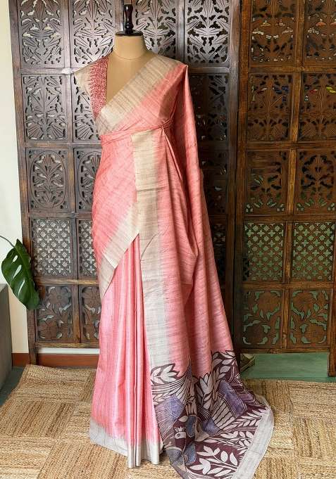 Peach Tusser Tussar Saree With Traditional Woven Design For Women