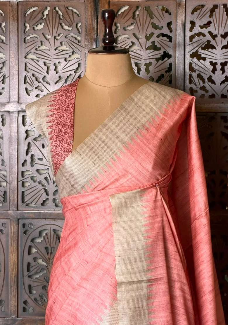 Peach Tusser Tussar Saree With Traditional Woven Design For Women - Indya