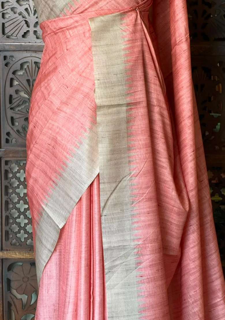 Peach Tusser Tussar Saree With Traditional Woven Design For Women - Indya