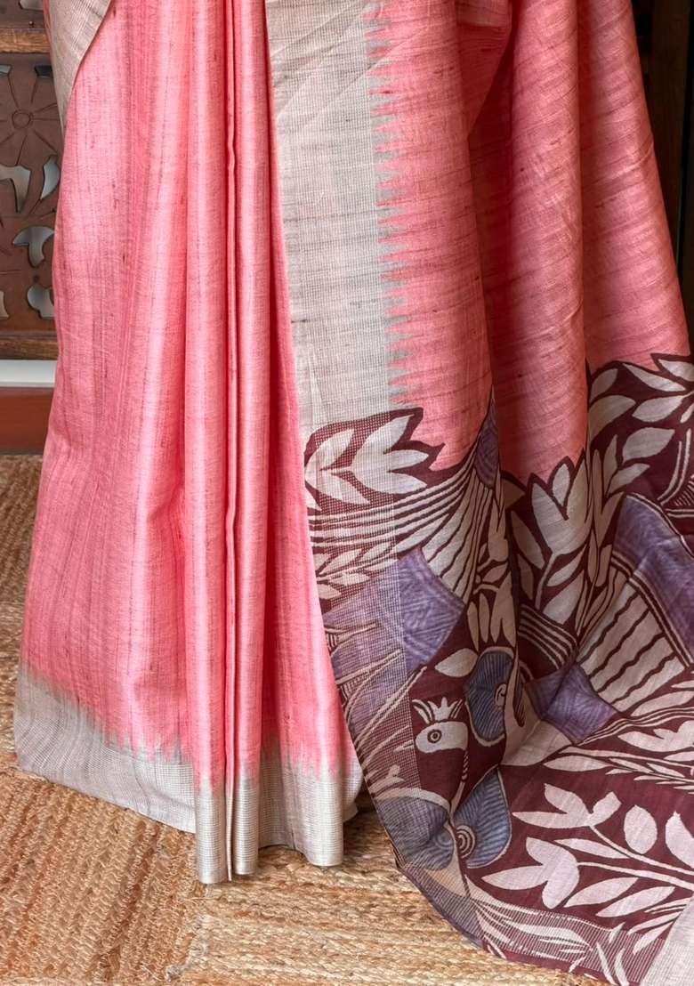 Peach Tusser Tussar Saree With Traditional Woven Design For Women - Indya