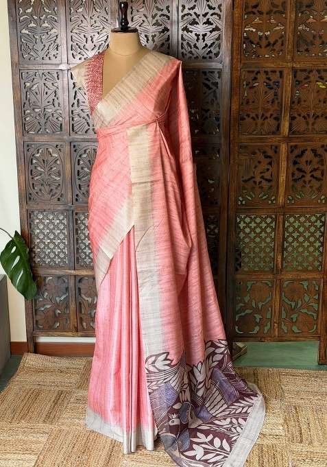 Peach Tusser Tussar Saree With Traditional Woven Design For Women