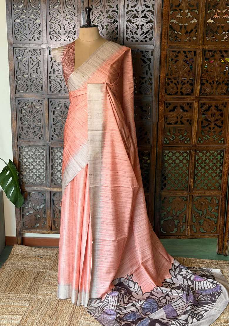 Orange Peach Tusser Silk Tussar Saree With Traditional Woven Design For Women - Indya