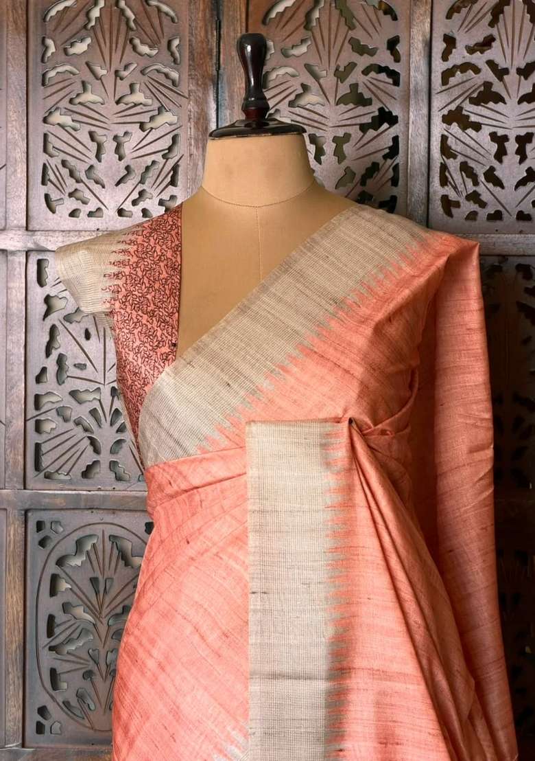 Orange Peach Tusser Silk Tussar Saree With Traditional Woven Design For Women - Indya