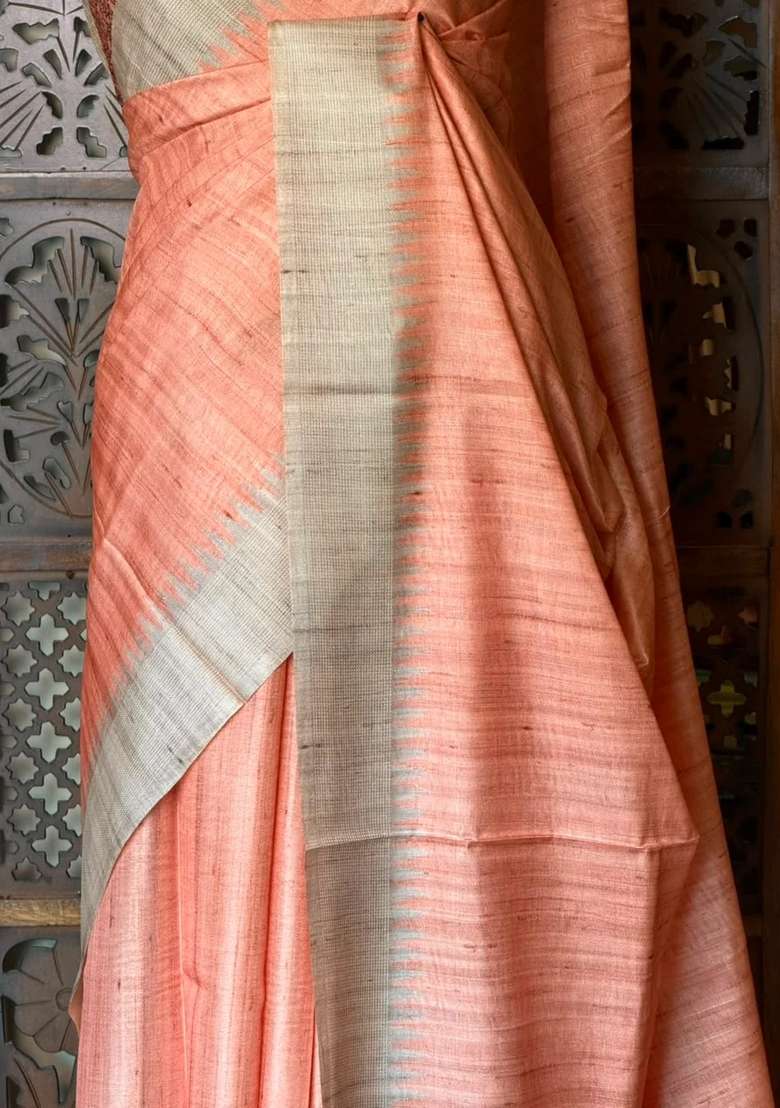 Orange Peach Tusser Silk Tussar Saree With Traditional Woven Design For Women - Indya